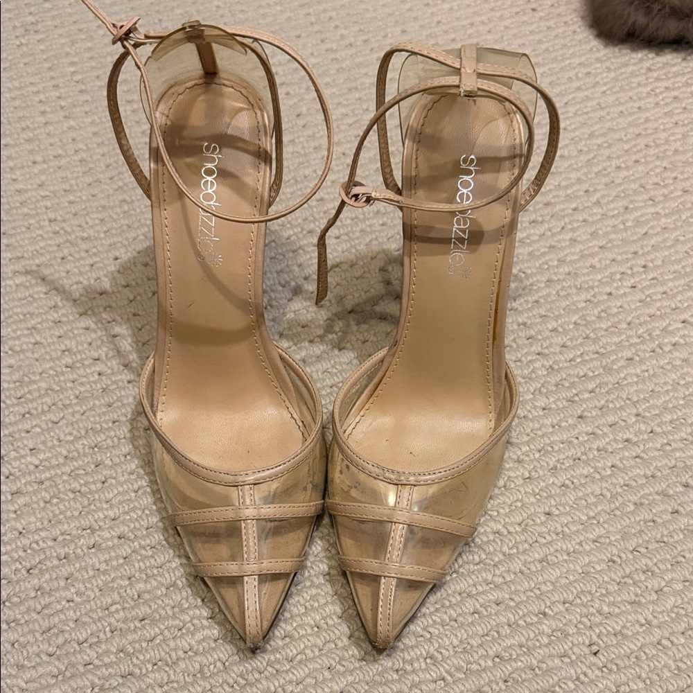 Show Dazzle Nude Vinyl Stilettos Ankle Wrap Heel sz 7.5 - Picture 2 of 10